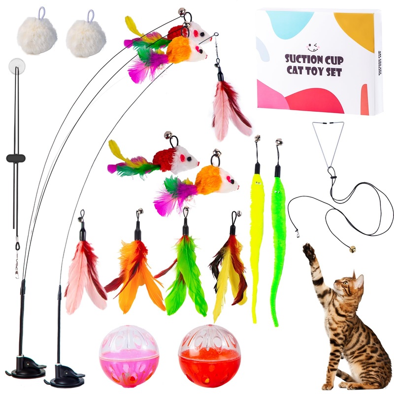Interactive Cat Toy Suction Cup Cat Bird Simulation Cat Toy Set Self Play Cat and Kitten Toys for Indoor Cats 3Pcs Cat Wand Toy 14Pcs Cat Feather Replacement Toys Hanging Cat String and Mouse Toy feather style