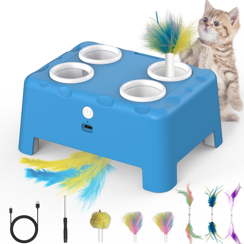 Interactive Cat Toys, 2-in-1 Automatic Cat Toy, 4 Holes Mice Whack A Mole Cat Mouse Toy with Moving Feather, Portable USB Rechargeable Electronic Kitten Toys White