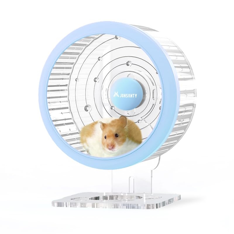 JONSNTY 7.3″ Silent Hamster Wheel, with Bracket and Anti-Fall Outer Ring, for Hamster Exercise, Excess Fat Removal (Star Orbit Style, Clear & Blue) 7.3″/ S