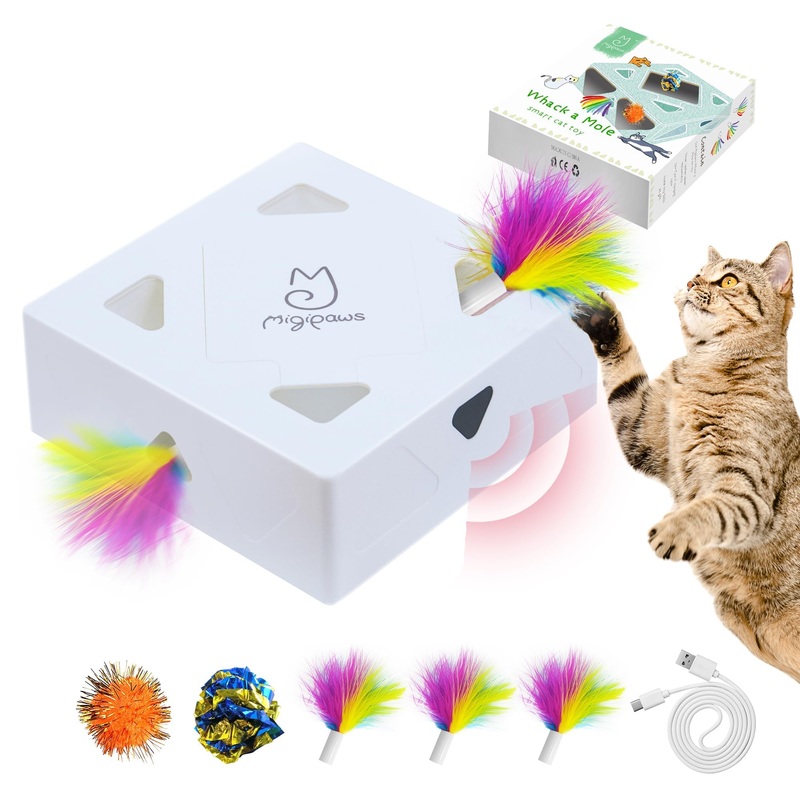 Migipaws Cat Toys, Interactive Automatic 7 Holes Mice Whack-A-Mole, Ultra Fun Smart Teaser Toy for Indoor Cats, USB Rechargeable, 4 Pieces Feather Refills Whack-a-Mole Cat Toy