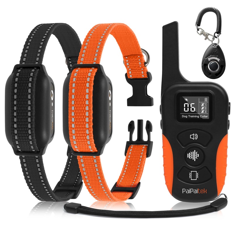 PaiPaitek Dog Vibration Collar with Controller for 2 Dogs No Shock, 9 Types of Beeps and Vibrations, 3300ft Range & Upgraded Waterproof Training Collar for Dogs 5-120lbs – No Prongs PD519V2-OR