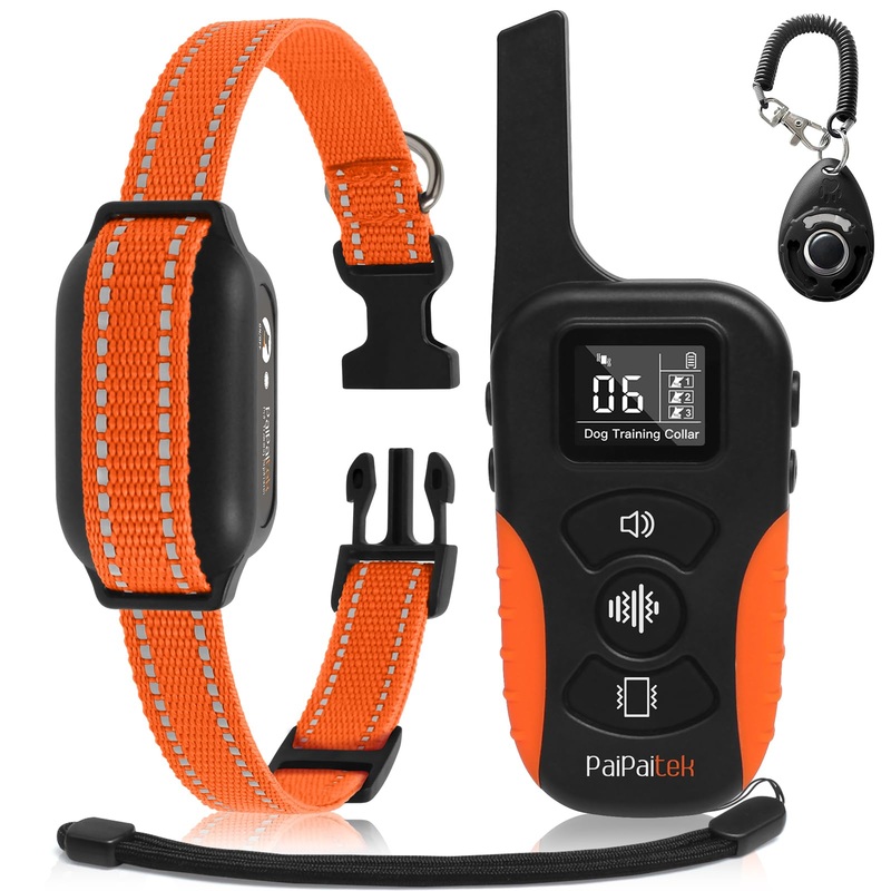 PaiPaitek Dog Vibration Collar with Controller No Shock, 3300ft Waterproof Training Dog Collar Beep and Vibrate Only, Security Lock & Rechargeable Vibrating Collar for Dogs 5-120 lbs – No Prongs PD519V1-OR