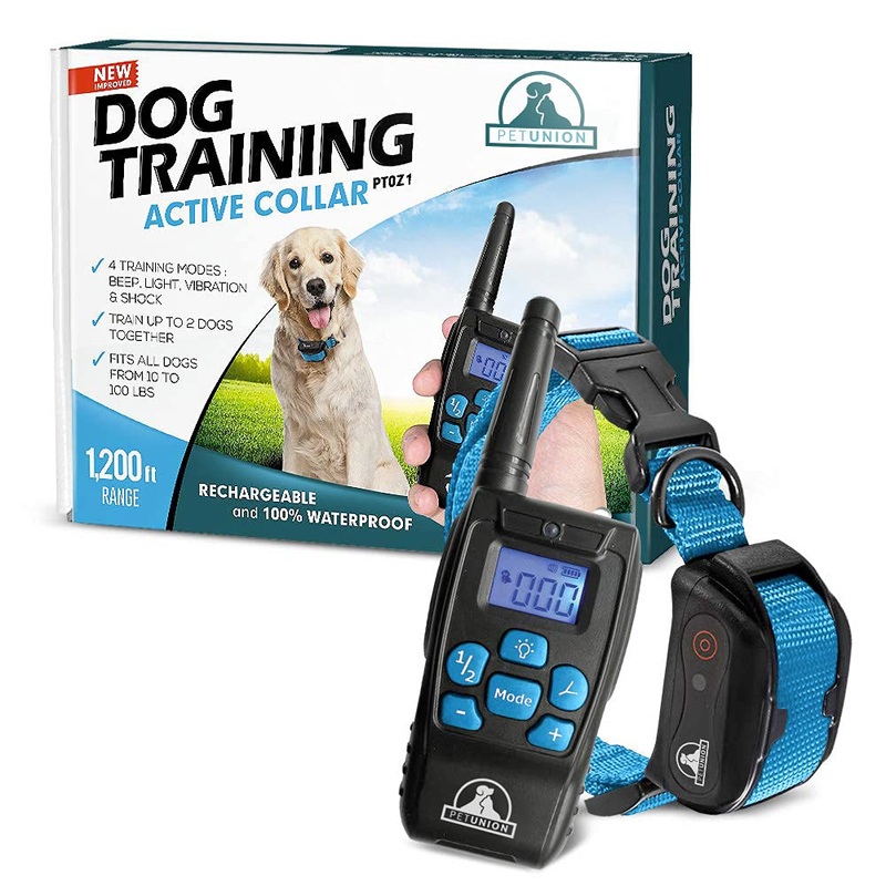 Pet Union PT0Z1 Premium Training Shock Collar for Dogs with Remote – Fully Waterproof, 4 Adjustable Training Modes – Shock, Vibration, Beep – Up to 1200ft Range Blue