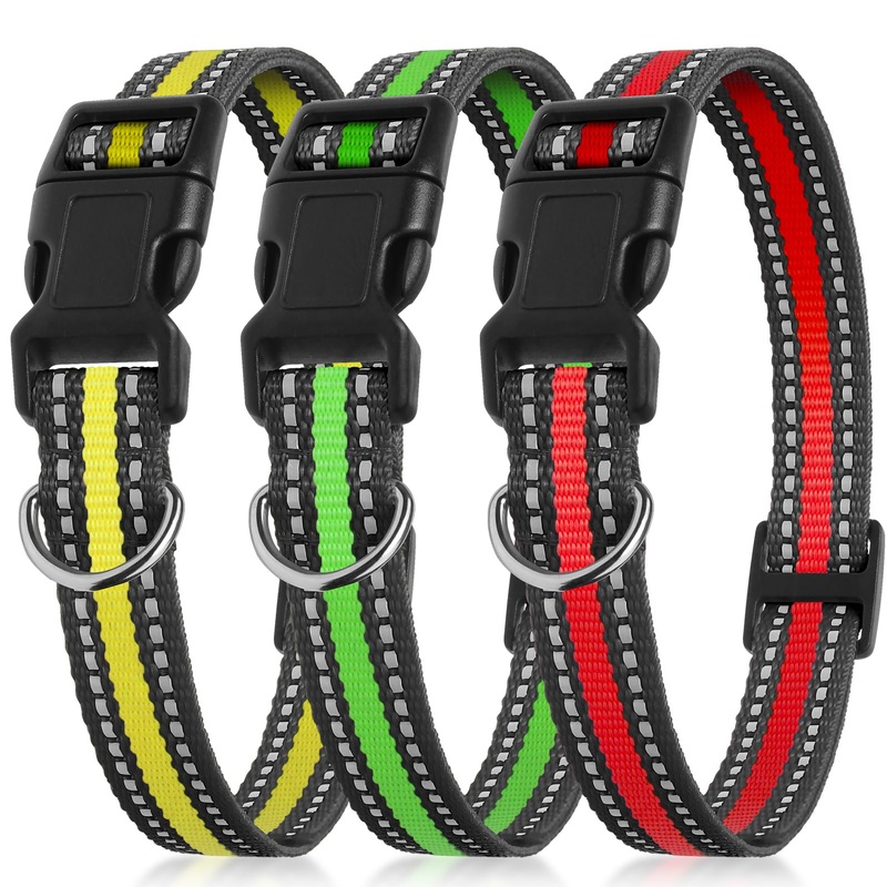 PetJoy 3-Pack Dog Collar – Quick-Release Buckle & D-Rings – Reflective Multi-Color (R/Y/G) – Adjustable 8-27″ for Most E-Collars – Durable Waterproof Nylon Re03