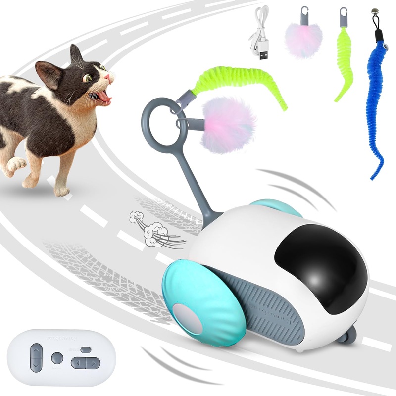 Remote Control Smart Electric Cat Toy Car, Interactive Cat Toys for Indoor Cats, Teazys Cat Toy Turbo Tail 2.0, Automatic Moving Mouse Cat Chase Toys for Bored Indoor Adult Cats Kittens White