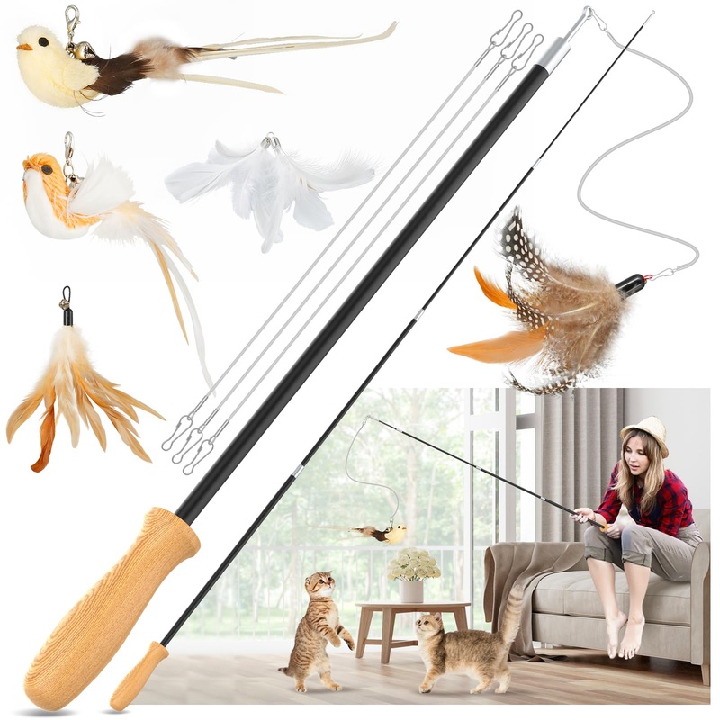 ROSAUI Cat teaser wand toys, interactive bird toys for indoor kittens, 54 extra long cat fishing pole toys, 2pcs wires and 5pcs natural refills, sustainable wooden handles, exercising, playing