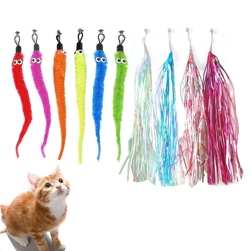 10-Pack of Vibrant Feathered Cat Toy Refills Feather Toys Refills,Cat Fishing Pole Toy for Bored Indoor Cats Chase and Exercise (Worm tussel Refills)
