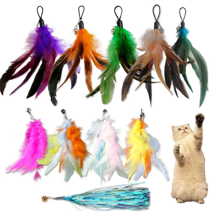 10-Pack of Vibrant Feathered Cat Toy Refills: Perfect Wand Attachments for Indoor Cats, Enhance Your Pet’s Playtime with These Exciting Replacement Feather Cat Toys