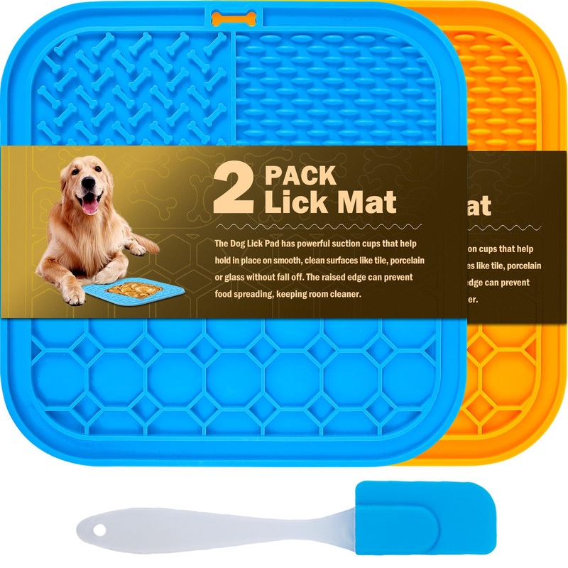 2 PCS Lick Mat for Dogs, Slow Feeder Licking Mat, Anxiety Relief Lick Pad with Suction Cups for Peanut Butter Food Treats Yogurt, Pets Bathing Grooming Training Calming Dog Bowl Mat Large 2PCS Blue+Orange