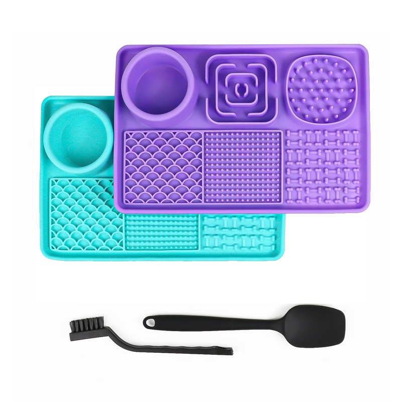 2PCS Lick Mat for Dogs and Cats, Dog Lick Mat with Suction Cups, Cat Lick Mat for Anxiety Relief, Comes with 1 Spatula and 1 Brush, Purple & Cyan Purple+Cyan