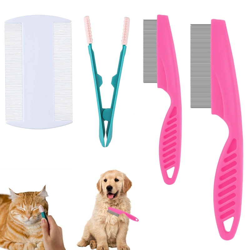 4pcs Flea Comb for Cats and Dogs, Double-Sided Fine-Tooth Lice Comb Tear Stain Removal Stainless Steel and Plastic Multifunctional Magic Pet Hair Cleaning Grooming Tools Brush(pink) pink