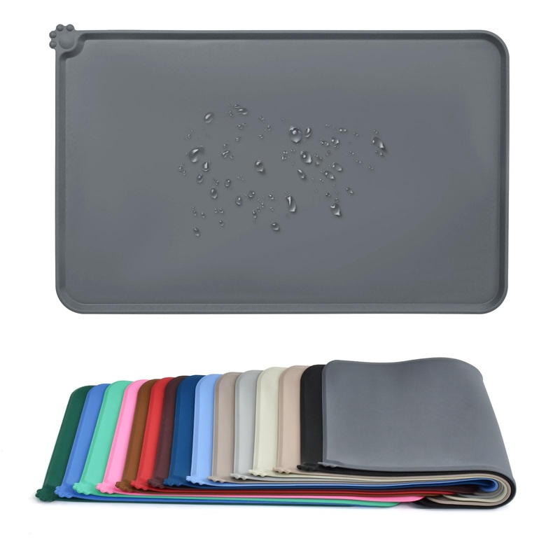 AUDWUD Silicone Waterproof Dog Cat Pet Feeding Mats,Anti-Slip Pet Bowl Mats,Pet Feeding Mat 18.5″ x 11.5″ Grey