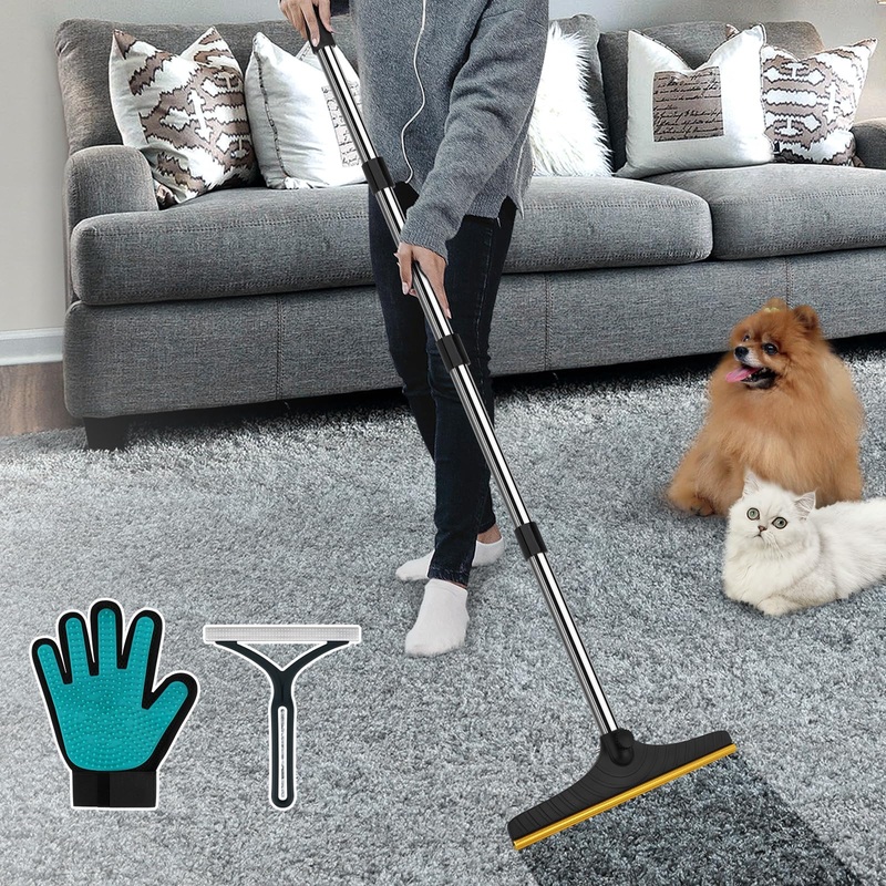 B-Land Carpet Rake for Pet Hair Removal, Reusable Pet Hair Remover with 60 Adjustable Long Handle, Carpet Scraper Dog Cat Hair Remover Tool for Rugs, Mats, Couch, Furniture Black
