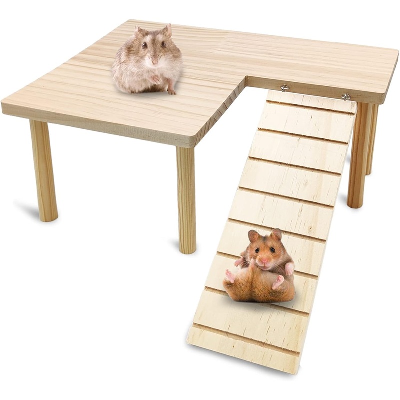 BNOSDM Wooden Hamster Platform with Legs Small Animal Standing Platform Exercise Toy Cage Accessories for Syrian Dwarf Hamsters Guinea Pigs Gerbils Degus Chinchillas Mice Bird Ladder on the side