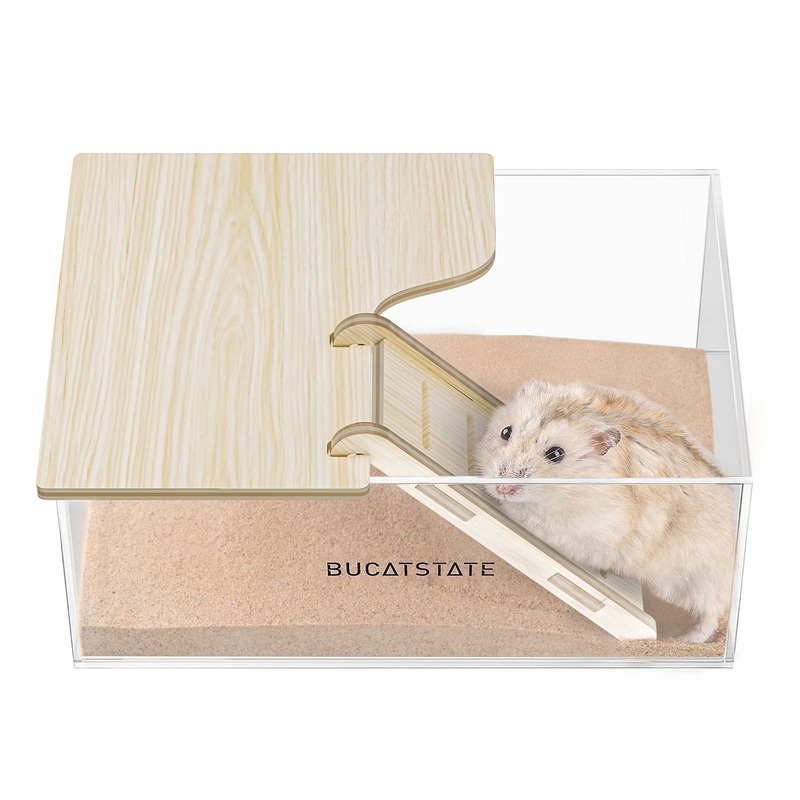 BUCATSTATE Hamster Sand Bath Container with Ladder – Acrylic Shower and Digging Room Litter Box for Mice Lemming Gerbils Small Animal (Rectangle Shaped) Rectangle Shaped