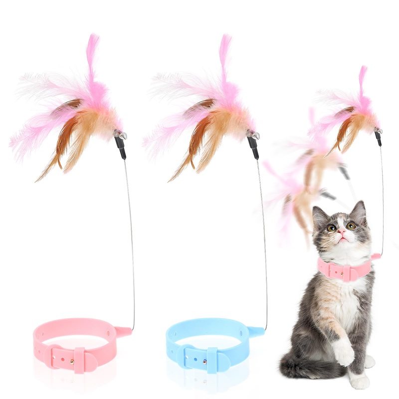 Cat Collar Toys, Cat Teasing Wand with Silicone Collar Adjustable Cat Wand Toy, Funny Cat Stick, Interactive Self Playing Toys Feather Bell for Indoor Cat Playing Training(Blue, Pink)