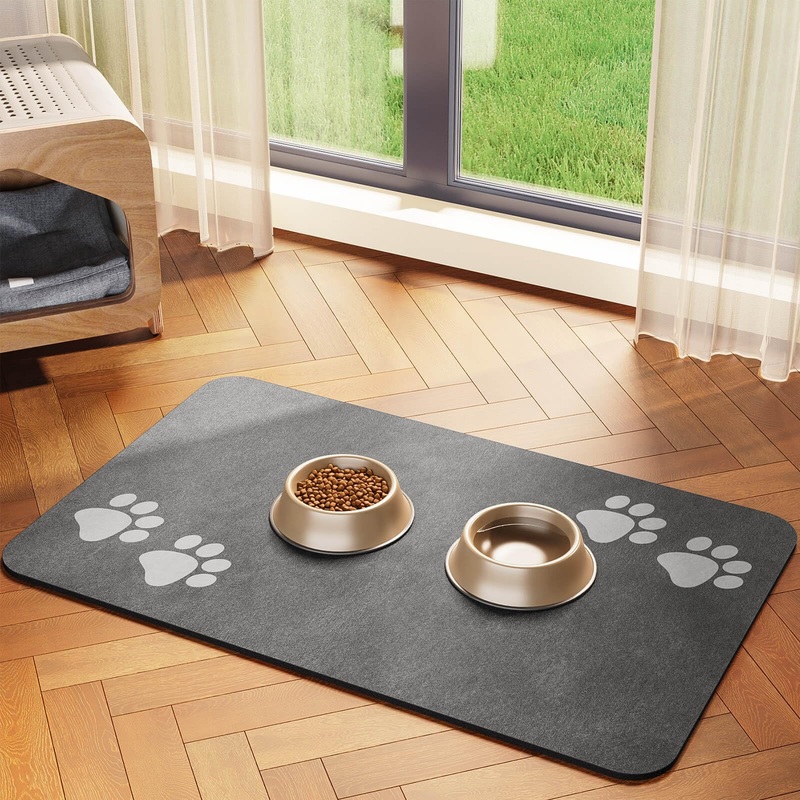 Cat & Dog Feeding Mat for Food and Water Bowl, Absorbent-No Stains Quick Dry Dog Water Bowl Dispenser Mat, with Waterproof-Anti-Slip Rubber Backing Pet Placemat for Messy Drinkers, Dark Grey-12″x20″ 12″x20″ Dark Gray