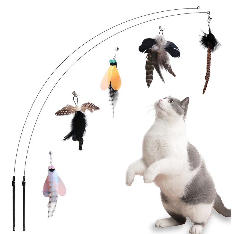 Cat Feather Toys, Indoor Cat Interactive Toys, 2 PCS Flexible Wire and 5 PCS Cat Feather Toys, for Bored Indoor Cats, Indoor Cat Chase Toys