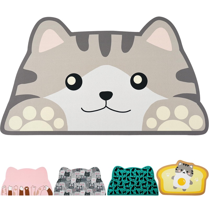 Cat Food Mats for floor, Cat Water Bowl Mats Pet Feeding Absorbent Mat Cat Placemats for Food and Water Grey Small 17.7 * 9.8 inch Cat Head