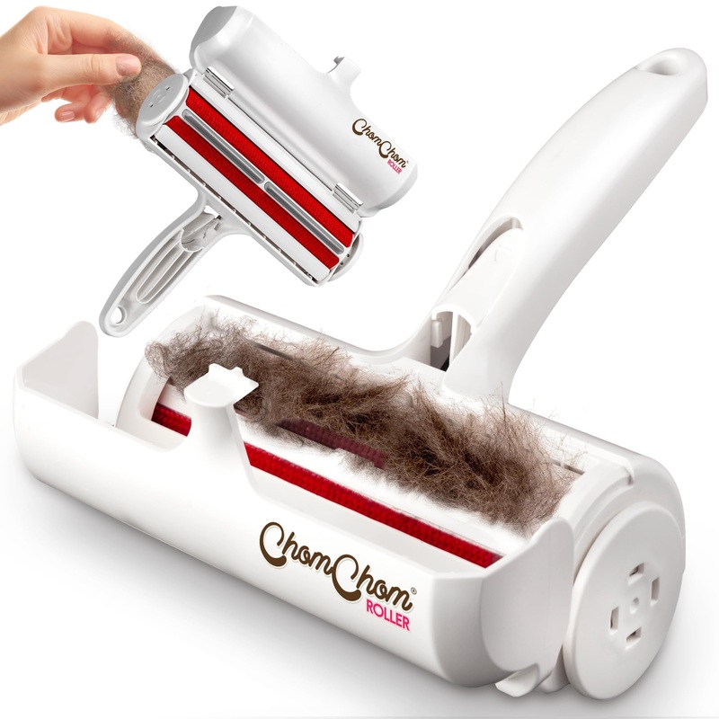Chom Chom Roller Pet Hair Remover and Reusable Lint Roller – ChomChom Cat and Dog Hair Remover for Furniture, Couch, Carpet, Clothing and Bedding – Portable, Multi-Surface Fur Removal Tool White