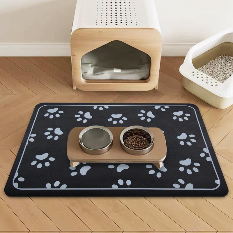 Dog Bowl mat and Dog Feeding mat, Dog mat for Water Bowl, Absorbent Non-Slip pet Water Bowl mat Quick Drying Dog Food mat cat matt for Food and WaterBlack+18.1×12.5in+Rectangular Black & Paw print 18.1×12.5in
