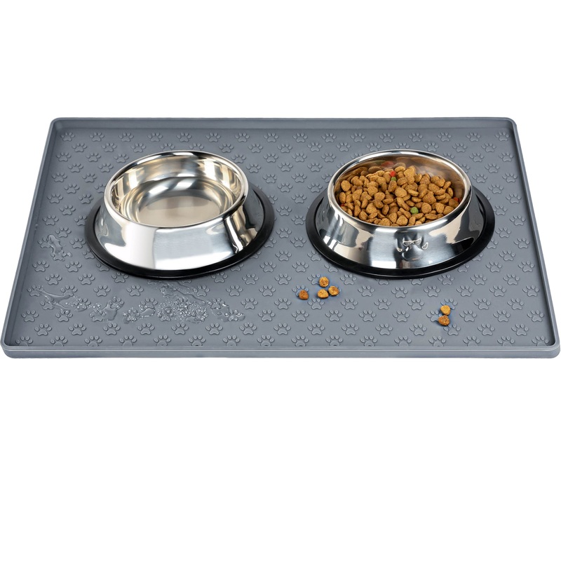 Dog Cat Pet Food Mat Dog Feeding Mat for Food and Water Silicone Dog Dish Mats for Floors Waterproof Slip Dog Bowl Mat with Raised Edges to Prevent Food and Water Messes on Floor 18X12Inch Grey