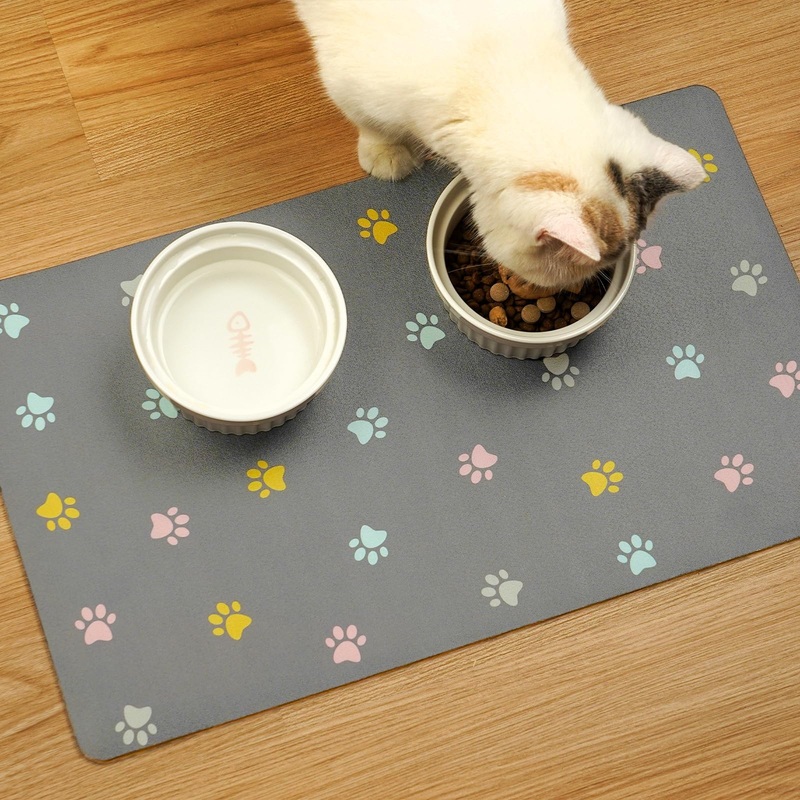 Dog Feeding Mat for Food Quick Absorbent No Stains Quick Dry Mat for Cat Bowl – Paw Light Gray 12×19 Inches