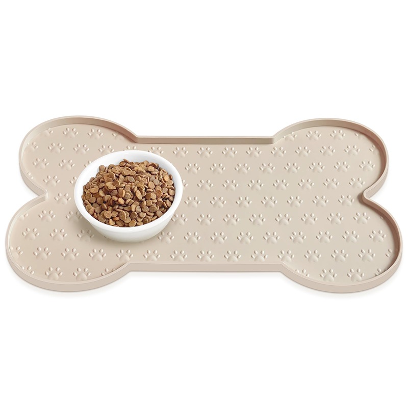 Dog Food Mat Anti-Slip Silicone Dog Bowl Mat Thicker Pet Placemat Waterproof Cat Feeder Pad with Raised Edge Puppy kitten Feeding Mats Suitable Small Medium-Sized Dogs Cats Eating Tray 19.4″ x 9.8″ Beige