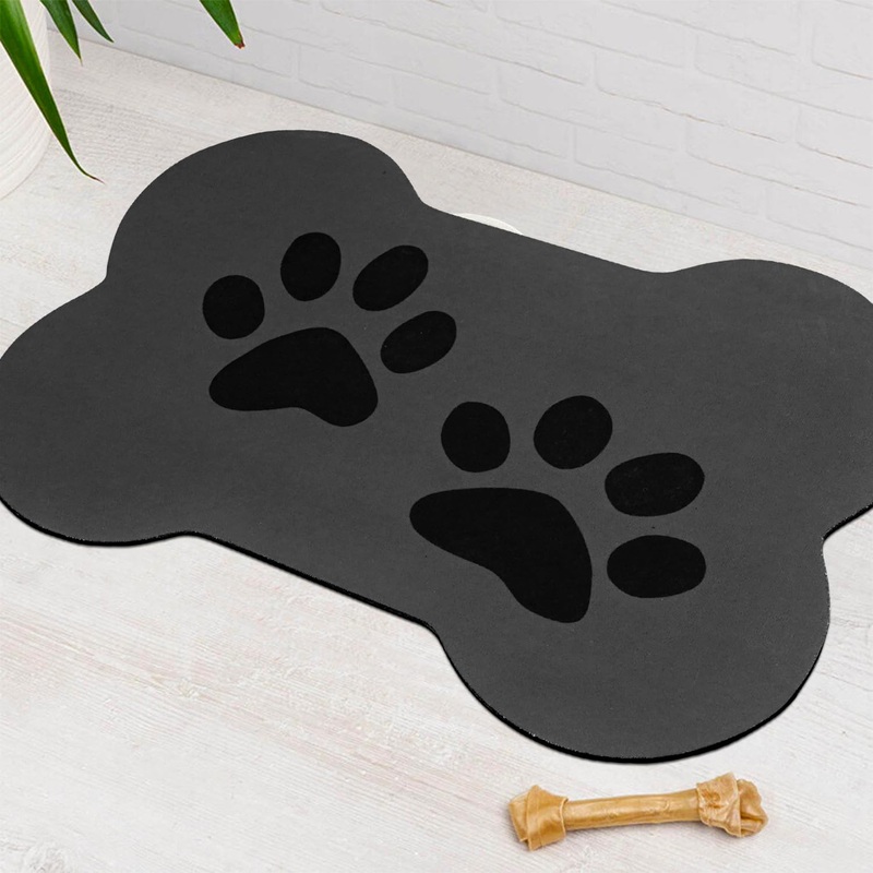 Dog Food Mats for Floors Absorbent, Dog Bowl Mat Quick Dry Pet Cat Food Mat, Eco-Friendly Bone Shaped Dog Mat for Water Bowl Pet Supplies 16″X24″ Medium Dark Grey