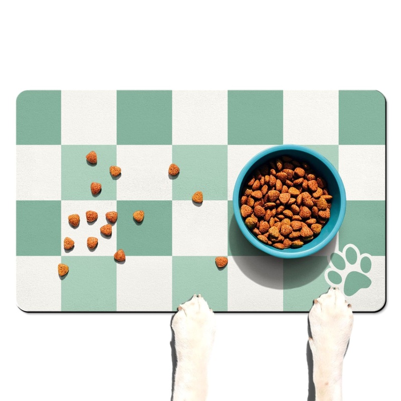 Dog Food Mats for Floors Absorbent, Pet Cat Food Mat – Quick Dry Dog Bowl Mats for Food and Water, Eco-Friendly Dog Accessories Pet Supplies 12″ x 20″Green Checkered 12″x20″ 01-Green