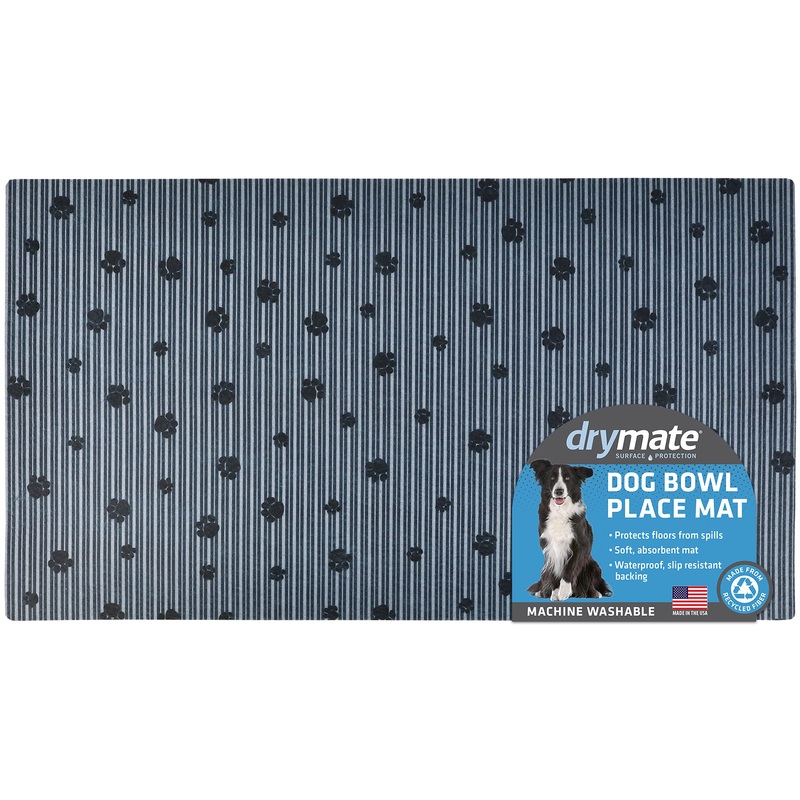 Drymate Pet Bowl Placemat, Dog & Cat Food Feeding Mat – Absorbent Fabric, Waterproof Backing, Slip-Resistant – Machine Washable/Durable (USA Made) (16 x 28) (Grey Stripe Black Paw) Large (16″ x 28″) Grey Stripe Black Paw