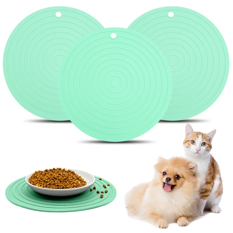 Fhiny 3PCS Silicone Pet Food Mat, 9.5″ Round Waterproof Non-Slip Dog Cat Bowl Placemat Preventing Feed and Water Overflow Suitable for Medium Small Bowl Dish Plate Protect Floor (Green, 9.5″ Dia) 9.5″Dia Green
