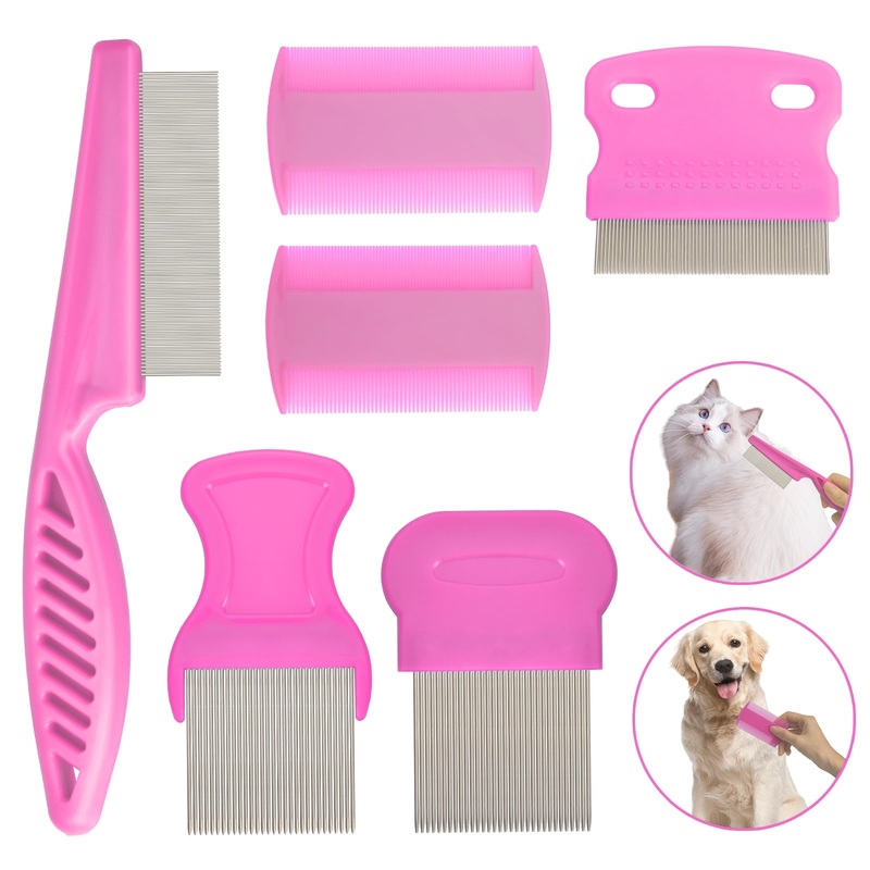 Flea Comb for Cats and Dogs, 6 Pack Pet Lice Comb Set Eye Comb Flea Combs Pet Grooming Pets for Small, Medium & Large Pets (Pink) Pink