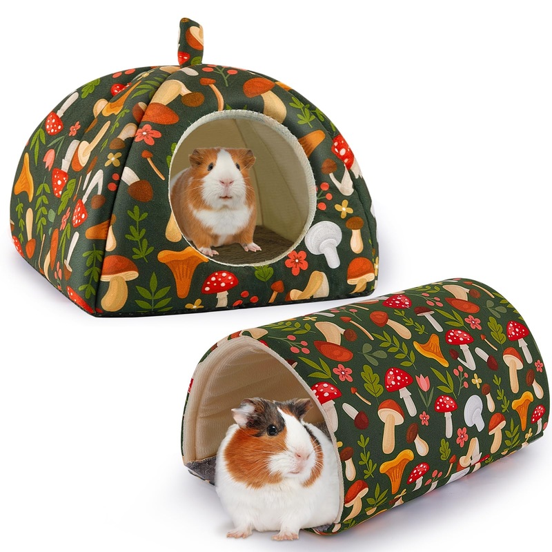 Guinea Pig Hideout, Bienbee Rabbit Bed with Guinea PigTunnel, 2 Pack Guinea Pig Toys Set Guinea Pig House Rabbit Hideout guinea pig accessories for Hamster, ferret, Rabbit, Bunny, Small Animal in Cage Black Mushroon