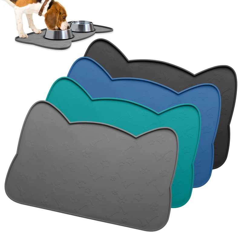 IYYI Cat Food Mat, Silicone Pet Food Mat for Floor, Waterproof Non Slip Pet Feeding Mat, Raised Edge Cat Bowl Mat to Stop Food Spills and Water Messes(Gray+M) Gray+M