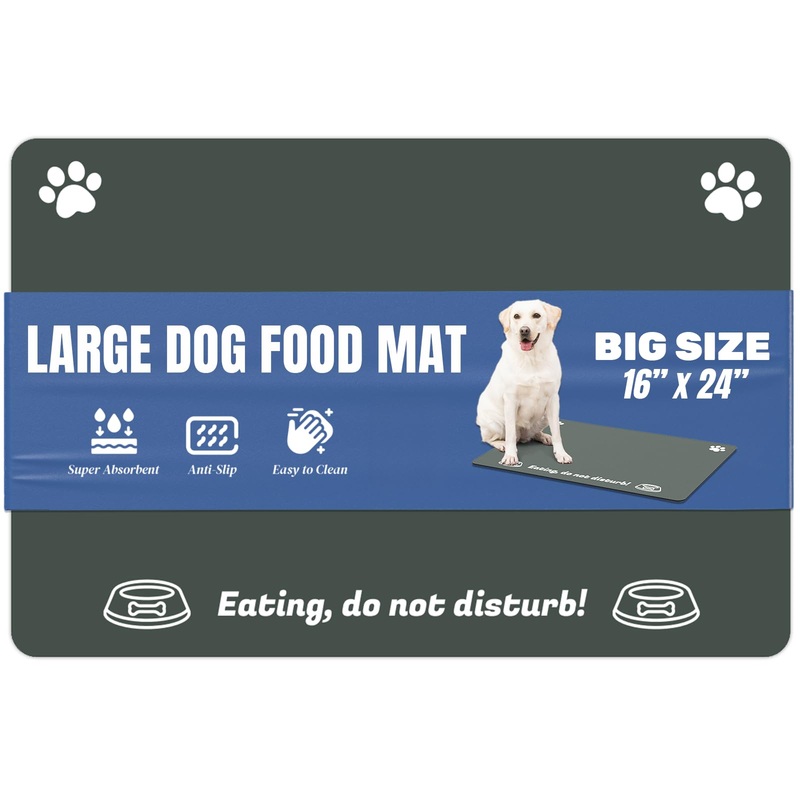 Large Pet Food Mat, 24″ x 16″, Absorbent Dog Mat for Food and Water, Pet Placemats for Cat and Dog Water Bowl, Non-Slip Dog Food Mat, Dog Feeding Mat to Protect Your Floors, Gray Paw, Dark Gray