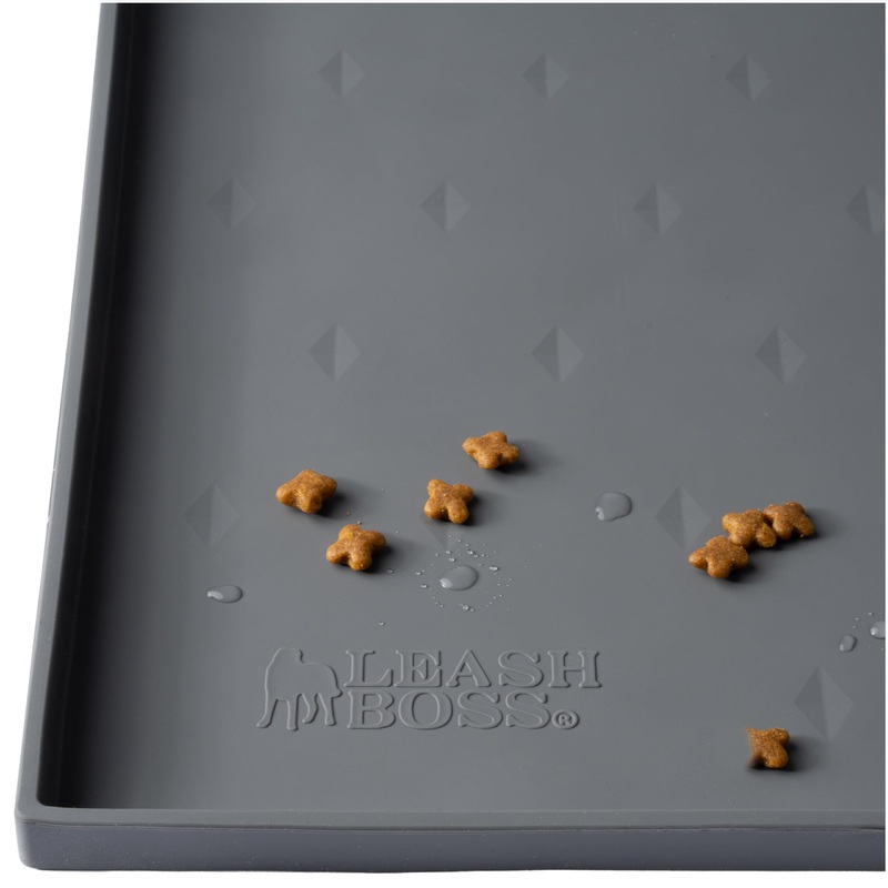 Leash Boss Dog Food Mat for Food and Water Bowls, Waterproof Silicone Pet Feeding Mat for Floors, Extra Tall Raised Edges, Cat and Dog Placemat for Floors, Dishwasher Safe (Small: 18″x11″ – Grey) S – 18″ X 11″