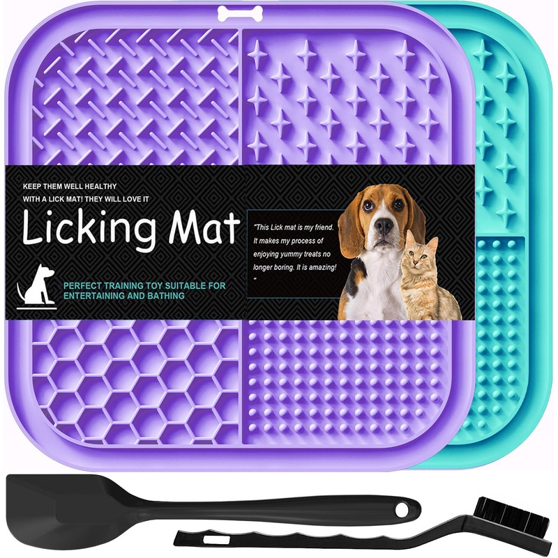 Licking Mat for Dogs & Cats 2 Pack, Slow Feeder Lick Pat, Anxiety Relief Dog Toys Feeding Mat for Butter Yogurt Peanut, Pets Supplies Bathing Grooming Training Calming Mat (Cyan&Purple) Cyan&Purple