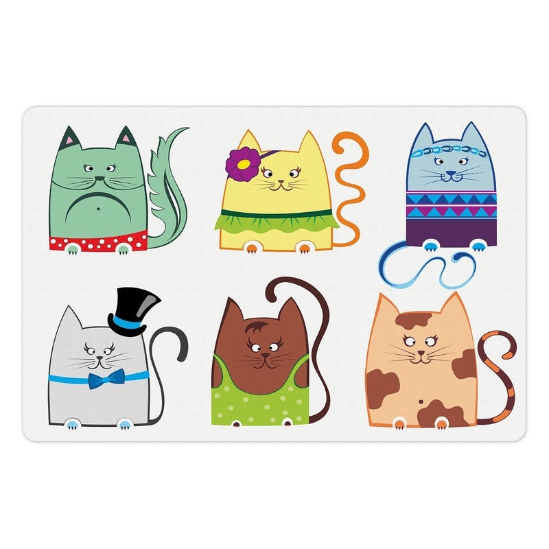 Lunarable Cat Pet Mat for Food and Water, Cat Illustration Series Different Fashion Styles Females Pets Little Paws Animal, Non-Slip Rubber Mat for Dogs and Cats, 18″ X 12″, White Yellow
