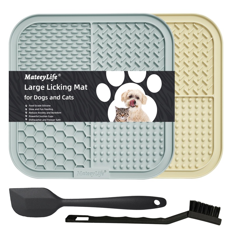 MateeyLife 2PCS Large Lick Mat for Dogs and Cats, Licking Mats for Dog Anxiety Relief, Cat Peanut Butter Lick Pad for Boredom Reducer, Dog Treat Mat Perfect for Bathing Grooming Gray&Beige 7.9”  7.9”