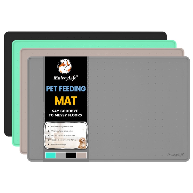 MateeyLife Dog & Cat Food Mat for Floors Waterproof, Nonslip Dog Bowl Mats for Food and Water, Dog Feeding Mats with Raised Edges, Silicone Dog Water Matt Tray for Messy Drinkers, 18″x12″, Grey 18”12” Grey-1PC