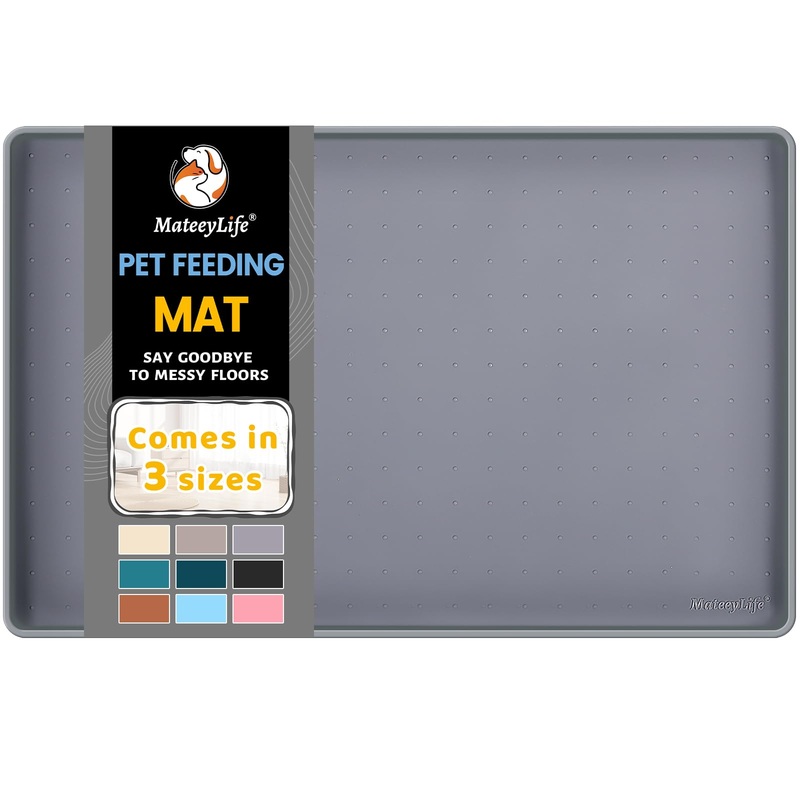 MateeyLife Silicone Cat & Dog Food Mat for Floors Waterproof, Anti-Slip Dog Bowl Mats for Food and Water, Pet Feeding Mats with Lip to Prevent Spills, Pet Placemat for Messy Drinkers to Protect Floors 18”12” Gray