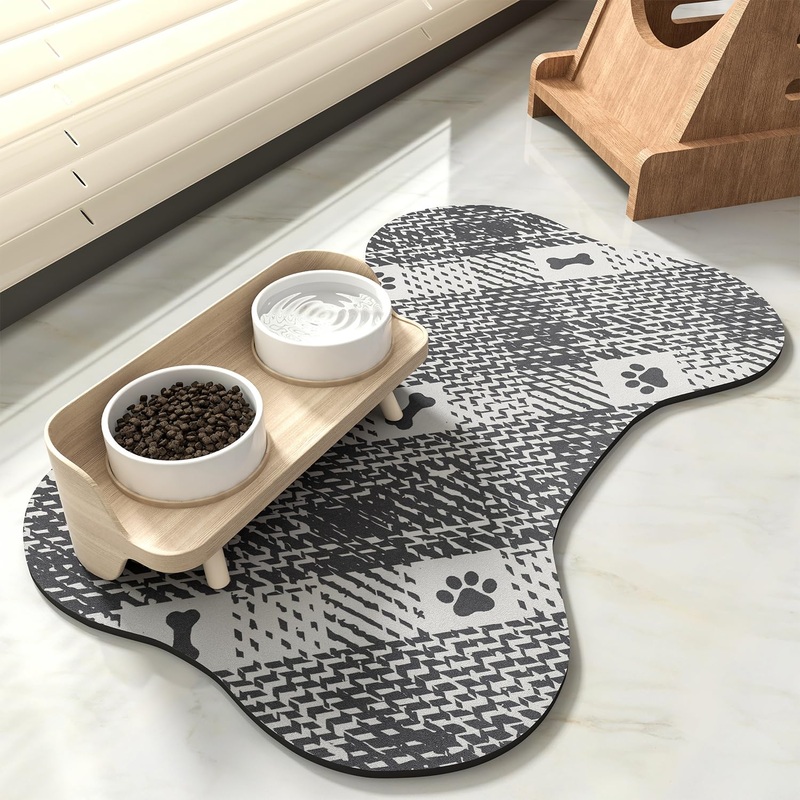 PADOOR- Dog Food Mat- Absorbent Pet Food Mat- Dog Bowl Mat Bone Shaped- Quick Dry Dog Feeding Mat – No Stains Placemat Pet Supplies Dog Mat for Food and Water for Sloppy Drinkers, 12″x19″, Blackwhite 12″x19″