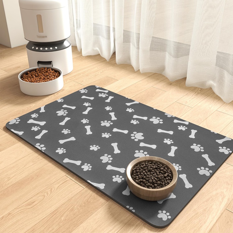 Pet Feeding Mat-Absorbent Dog Food Mat-Dog Mat for Food and Water-No Stains Quick Dry Dog Water Dispenser Mat-Pet Supplies-Dog Placemat Dog Water Bowl for Messy Drinkers 12″X19″ Dark Grey 12″X19″