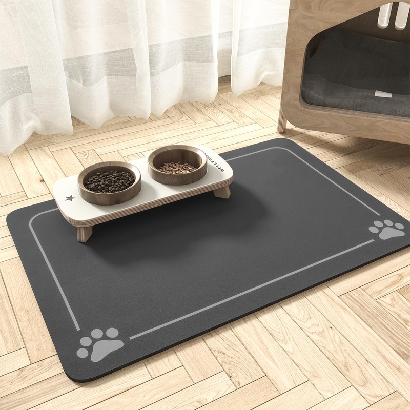 Pet Feeding Mat-Absorbent Quick Dry Dog Mat for Food and Water Bowl-No Stains Easy Clean Dog Water Dispenser Mat-Dog Accessories-Cat Dog Feeding&Watering Supplies-Dog Water Bowl Mat for Messy Drinkers Dark Grey 16″x24″