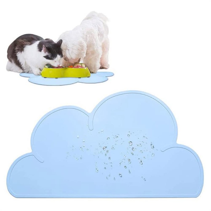 Silicone Dog Cat Bowl Mat, Waterproof Slip Resistant Silicone Pet Feeding Mat with High Lips, Cats and Dogs Food Placemat Tray, Raised Edges to Prevent Water Spills on Floors, Dishwasher Safe Blue