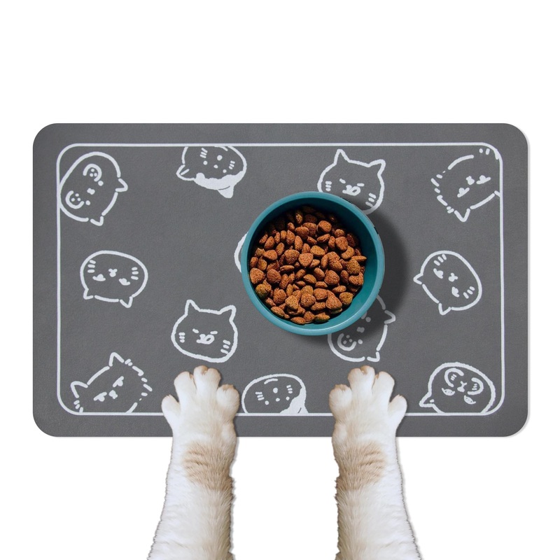 YCT Cat Food Mat for Pet Dog Food Mat, Cat Mat for Food and Water, Cat Feeding Mat Pet Dog Cat Bowl Mat, Non-Slip Super Absorbent, with Multiple cat Heads Logo18.1 x 11.8 inches, Dark Grey 18.1×11.8 inches Dark Grey & Multiple cat heads Logo