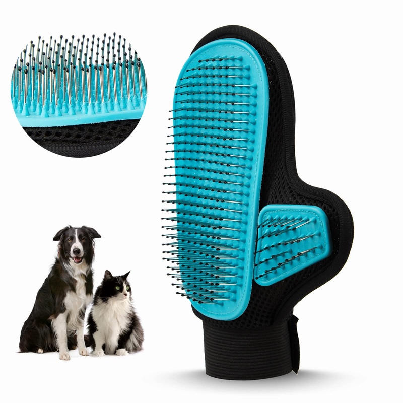 2024 Pet Grooming Glove with Tipped Pin Brush,Special Design Deshedding Glove, Massage Mitt, Perfect Petting Tool for Sensitive Dogs & Cats with Long & Medium Fur – Right-Hand – Blue
