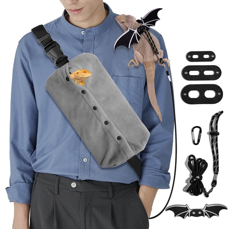 Adjustable Lizard Leash Bearded Dragon Harness Leather Cool Wings Training Leashes Reptile Carrier Bearded Dragon Sling Carrier (Black, Leash + Grey Sling) Leash + Grey Sling (Gift) Black