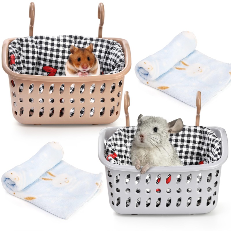 DEAYOU 2 Pack Rat Hammock for Cage, Chew Proof Small Animal Hanging Basket Bed with Hooks, Chinchilla Hideout Ferret Cage Accessories for Guinea Pig, Hamster, Sugar Glider, Hedgehog